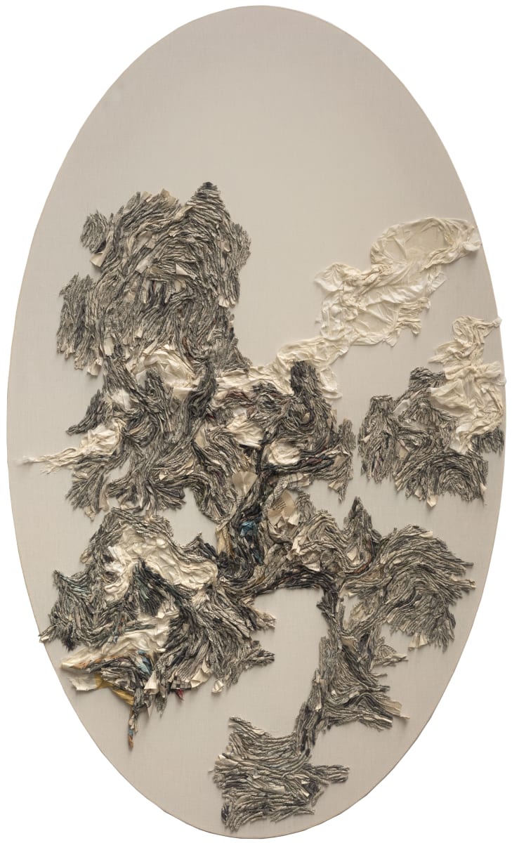 Kelly Wang, Microcosm 15, xuan paper, newspaper, and acrylic on muslin