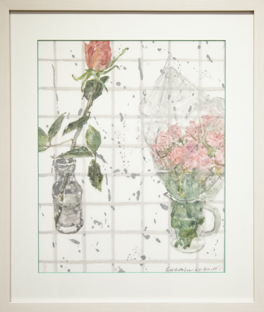 The Roses Blossom in November Rain 16 x 13 in Chinese Pigment on Synthetic Paper 2020 Min Luo