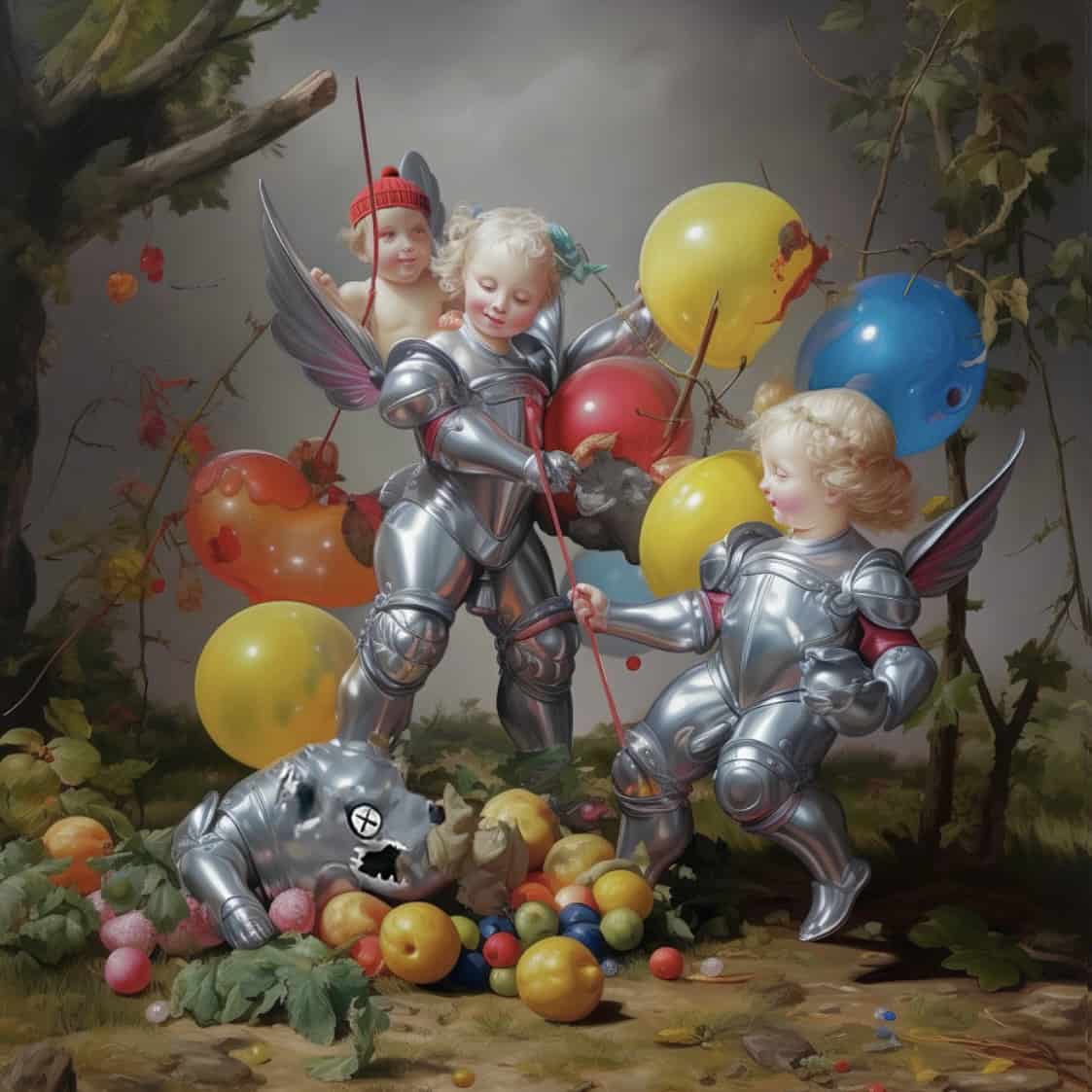 Deng Xiao, The Knight and Little Red Riding Hood, 2023, oil on canvas