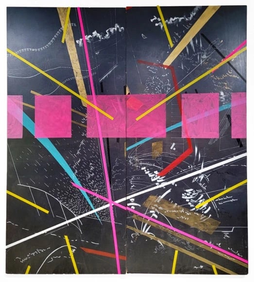 Federation Acrylic, ink and tapes on wood panel 72x85in 2022