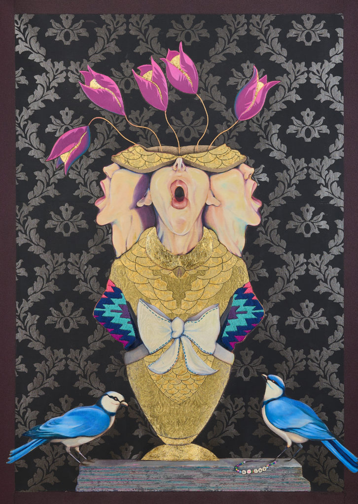 Flying Knight, Birds of a Feather (Hotel California series), 2025, oil, acrylic, gold leaf, stitched-in thread on canvas
