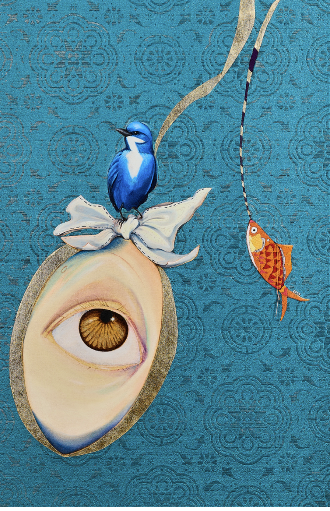 Flying Knight, Tag (Hotel California series), 2025, oil, acrylic, gold leaf, stitched-in thread on canvas