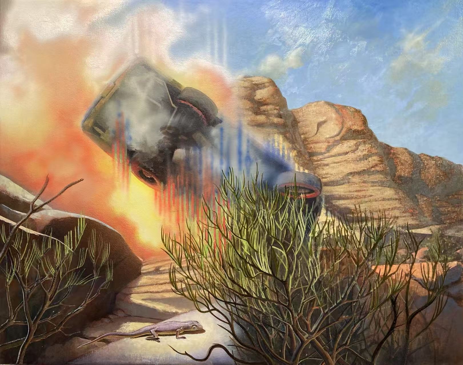 Eric Diehl, Exploding Car with Lizard, 2021, acrylic on canvas