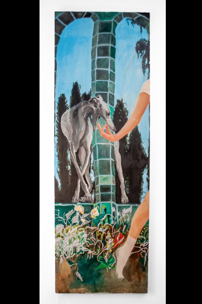 Gwynna Dille, Bite the Hand, 2025, oil with raised silver leafing