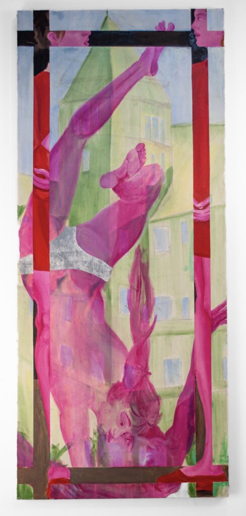 Gwynna Dille, Head over Heels (A Long Way Down), 2025, oil on canvas with silver leaf