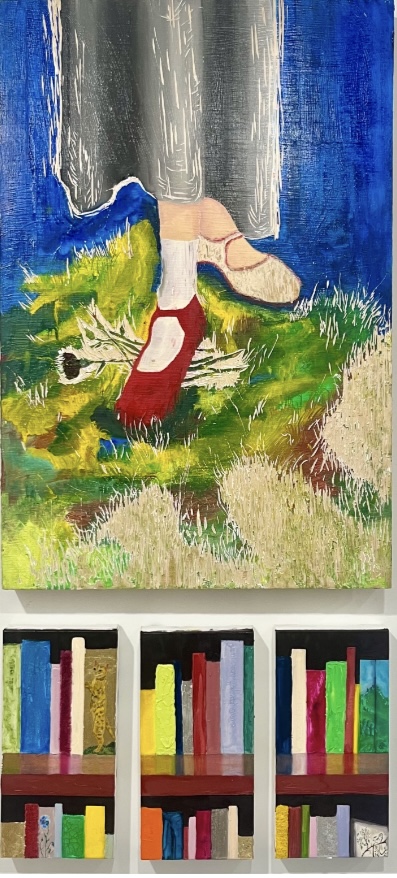 Gwynna Dille, I Wrote the Book on You and Shelved It, 2026, oil on canvas with acrylic and leaf