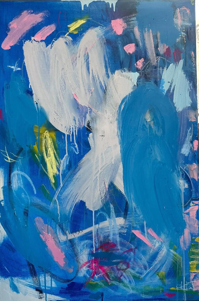 Hanna Jennings, Big Blue Wave, 2024, spray paint, oil stick, and ink