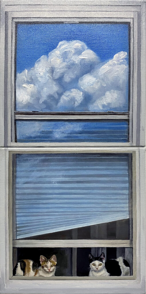 Natsumi Goldfish, Window to the Summer (Cat Guardians), 2024, oil on diptych canvas