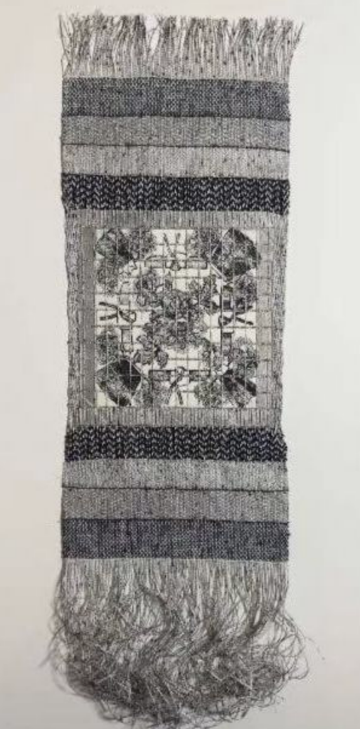Renee Magnanti, Chimseon, 2020, etching with hand coloring and paper yarn weaving