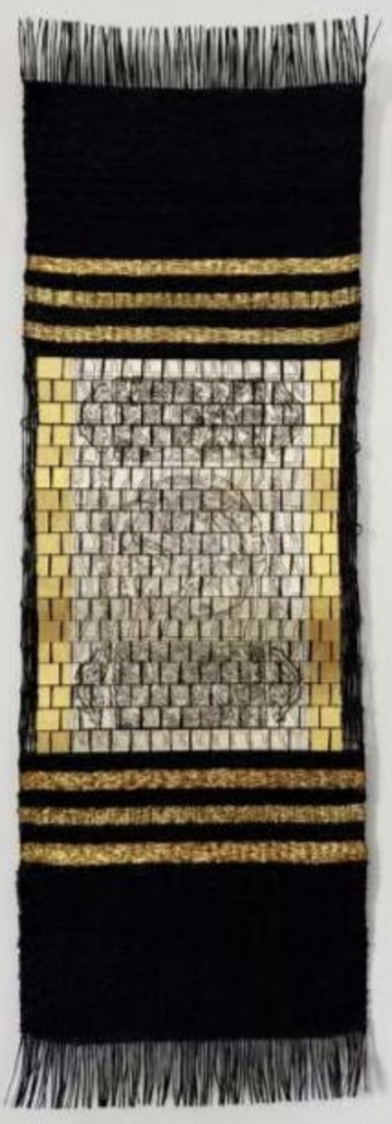 Renee Magnanti, Maria Merian - Black and Gold, 2024, etching with hand coloring, paper yarn weaving, leaf flakes and 24K Japanese gold thread