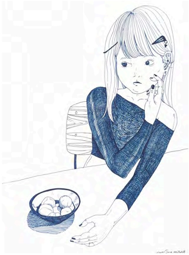 Xiangni Song, Curry Fishballs, 2025, ink on paper, 12 x 9 in