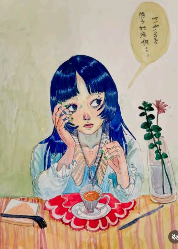 Xiangni Song, Daydreaming, 2024, watercolor pencil on hot pressed paper, 8 x 6 in