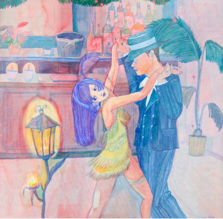 Xiangni Song, Jazz Night, 2025, watercolor pencil on hot pressed paper, 12 x 12 in