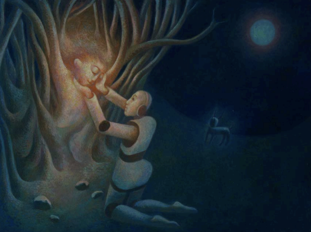 Xinyu Wo, The Prayer of the Created, 2025, oil on wood panel