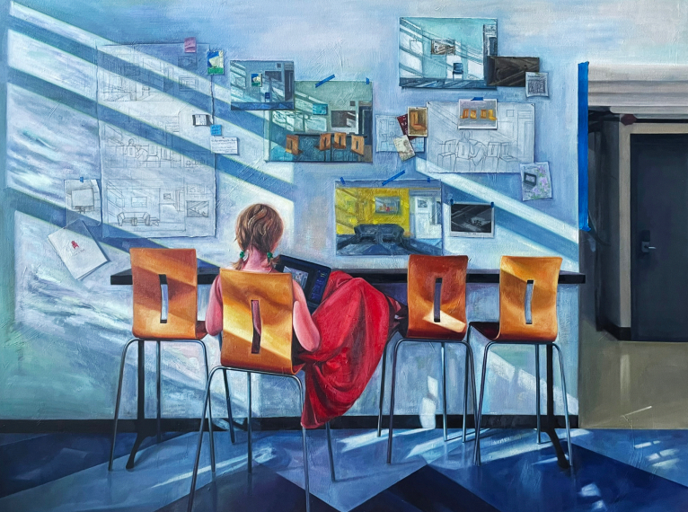 Yu Cheng, Girl in Red, 2024, oil on canvas, exhibited in the Governor's Office at the Massachusetts State House, 2025