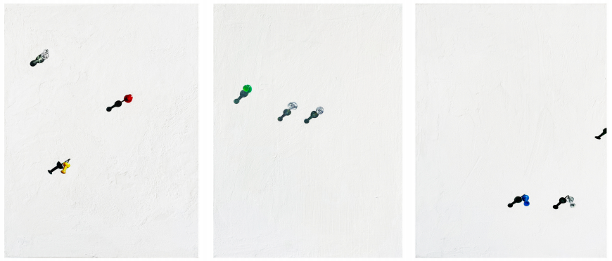 Yu Cheng, Push Pins Series 01-03, 2023, oil and molding paste on panel