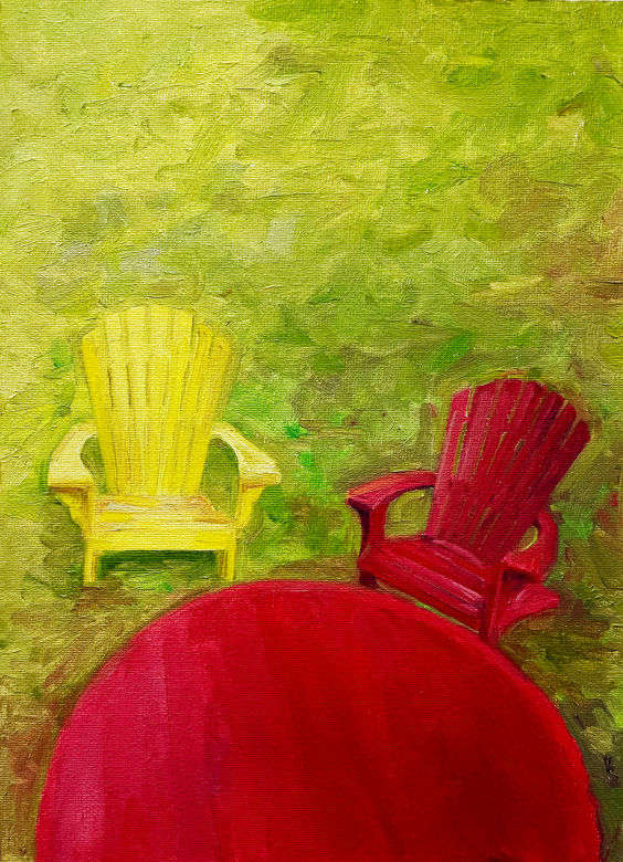 Yu Cheng, Red Chair: Conversation, 2023, oil on canvas
