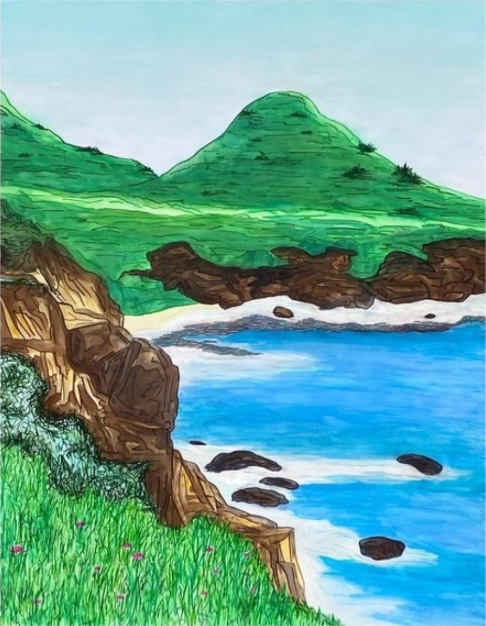 Roast Hoggmann, Soberanes Point, Carmel Highlands, 2022, watercolor and ink drawing on toned paper