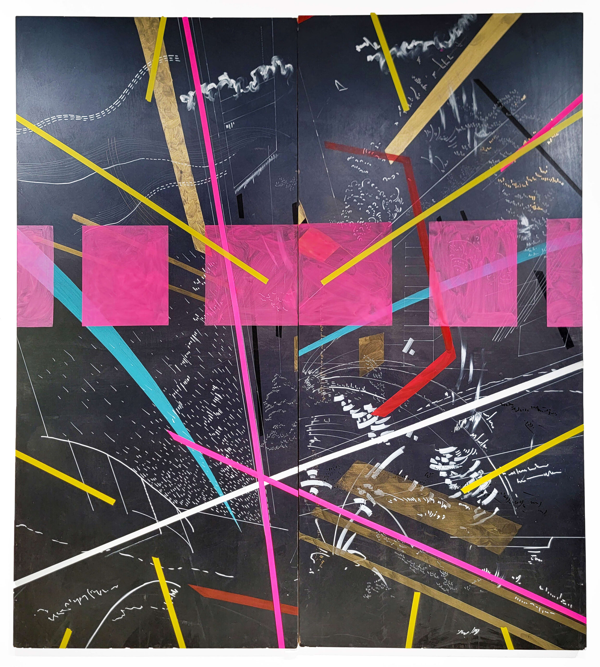 Chukwuemeka Anthony Chukwu, Federation, 2022, acrylic, ink and tapes on wood panel