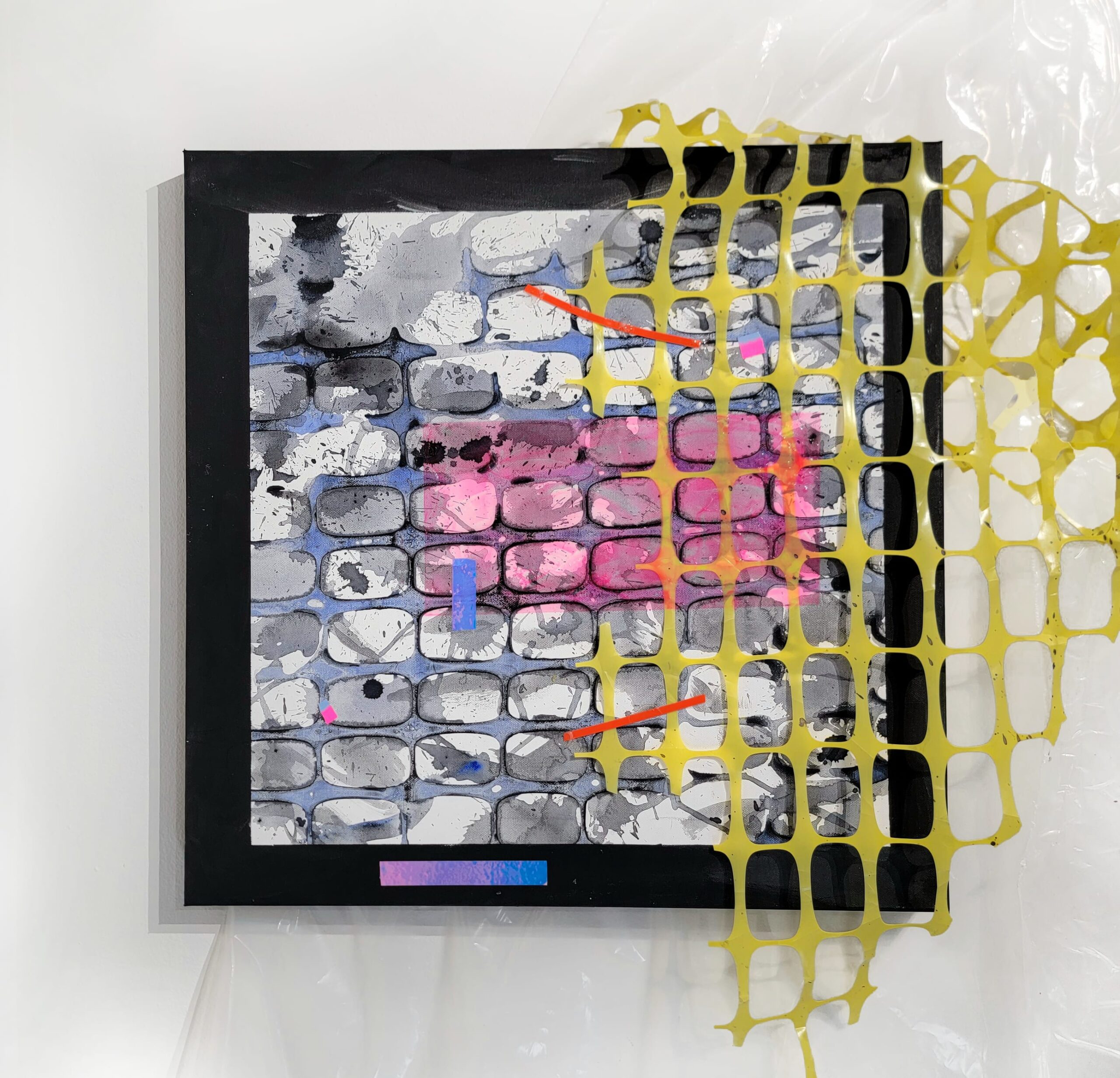 Chukwuemeka Anthony Chukwu, Fence-field, 2023, acrylic, tapes and safety net on canvas
