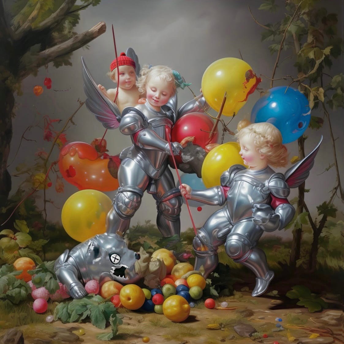 Deng Xiao, The Knight and Little Red Riding Hood, 2023, oil on canvas