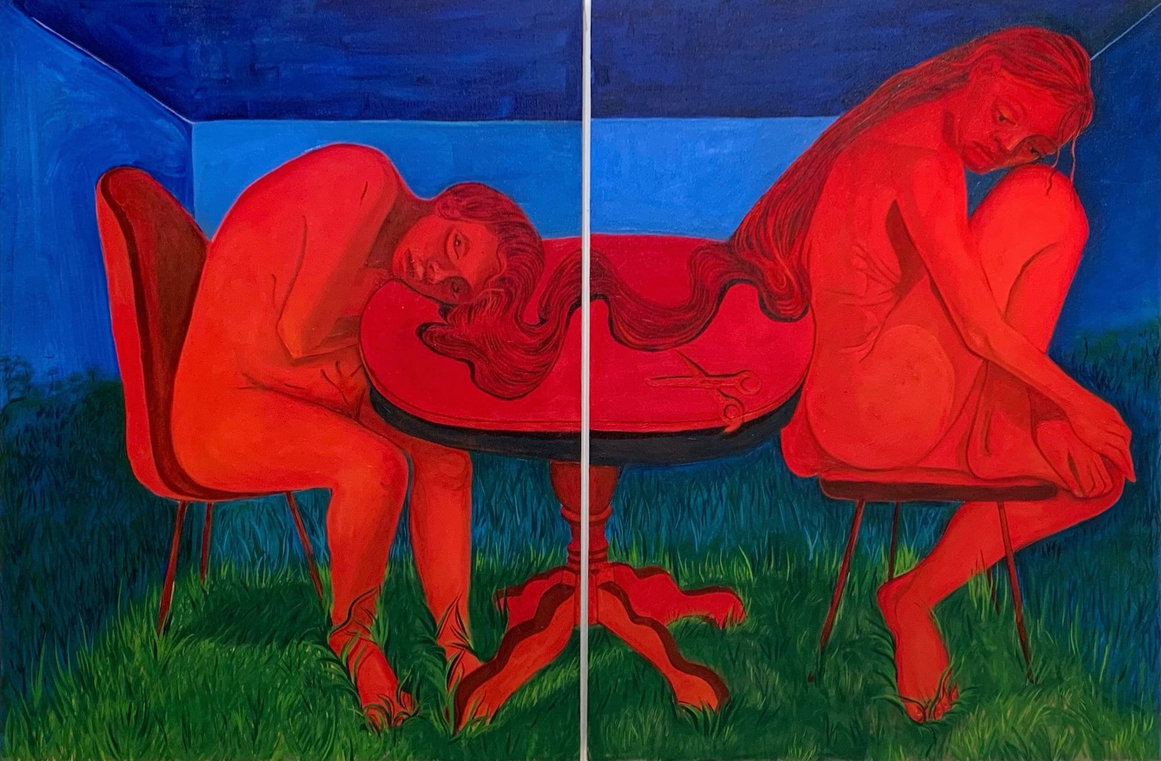 Frances Matassa, At The Dinner Table (Diptych), 2022, oil on canvas