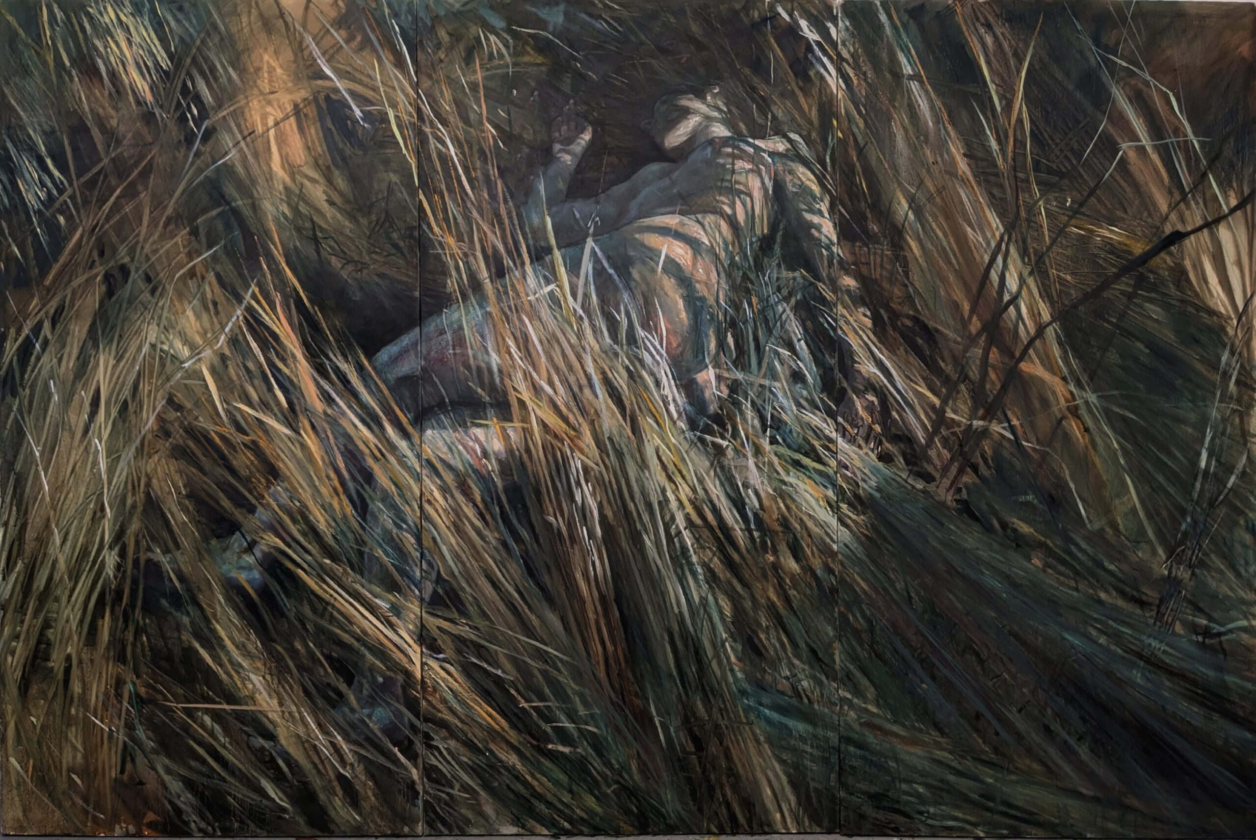 Jane Philips, Low Tide (triptych), 2023, oil and pastel on canvas