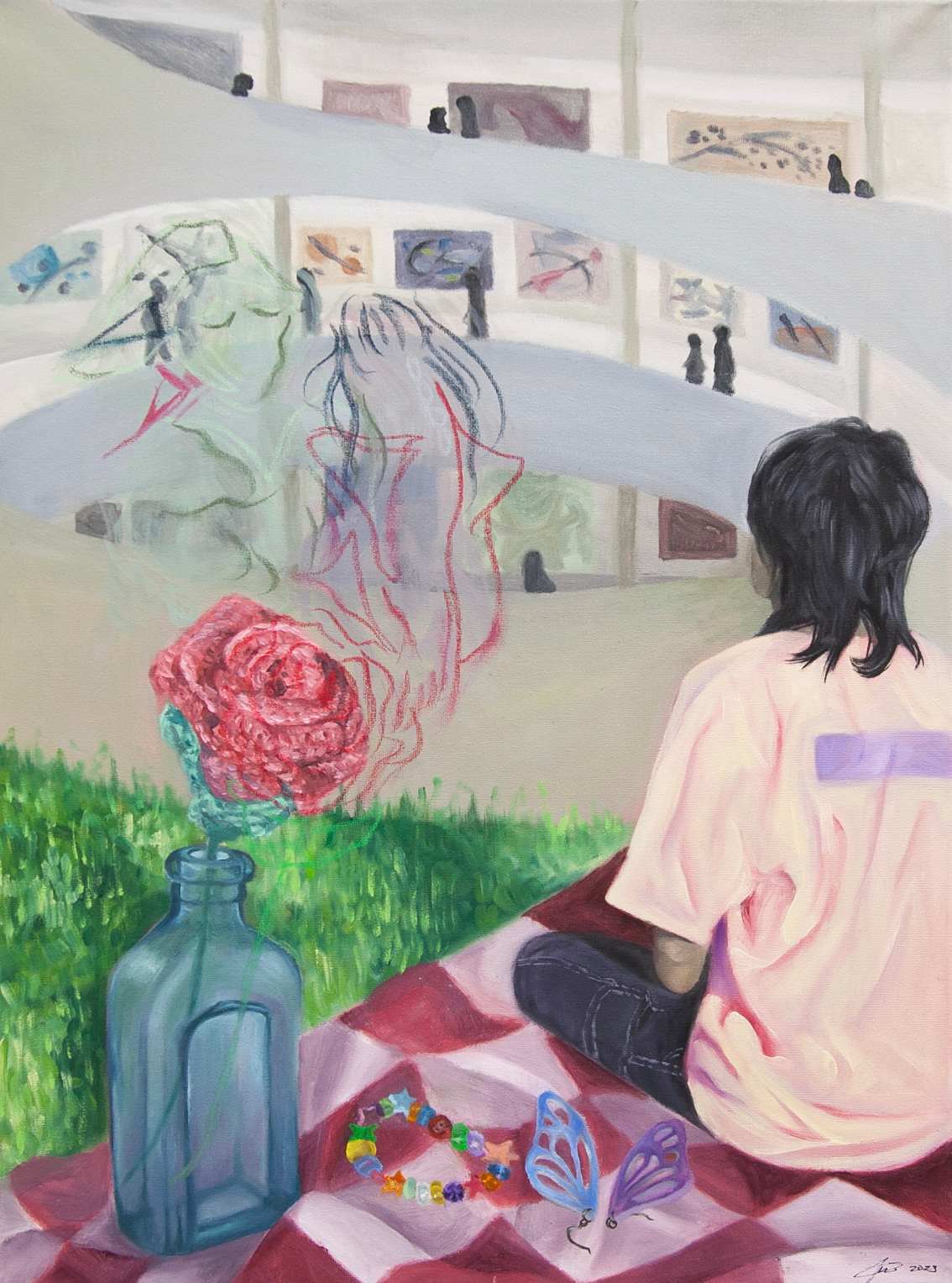 Julia Shen, Picnic in the Guggenheim, 2023, oil and oil pastel on canvas
