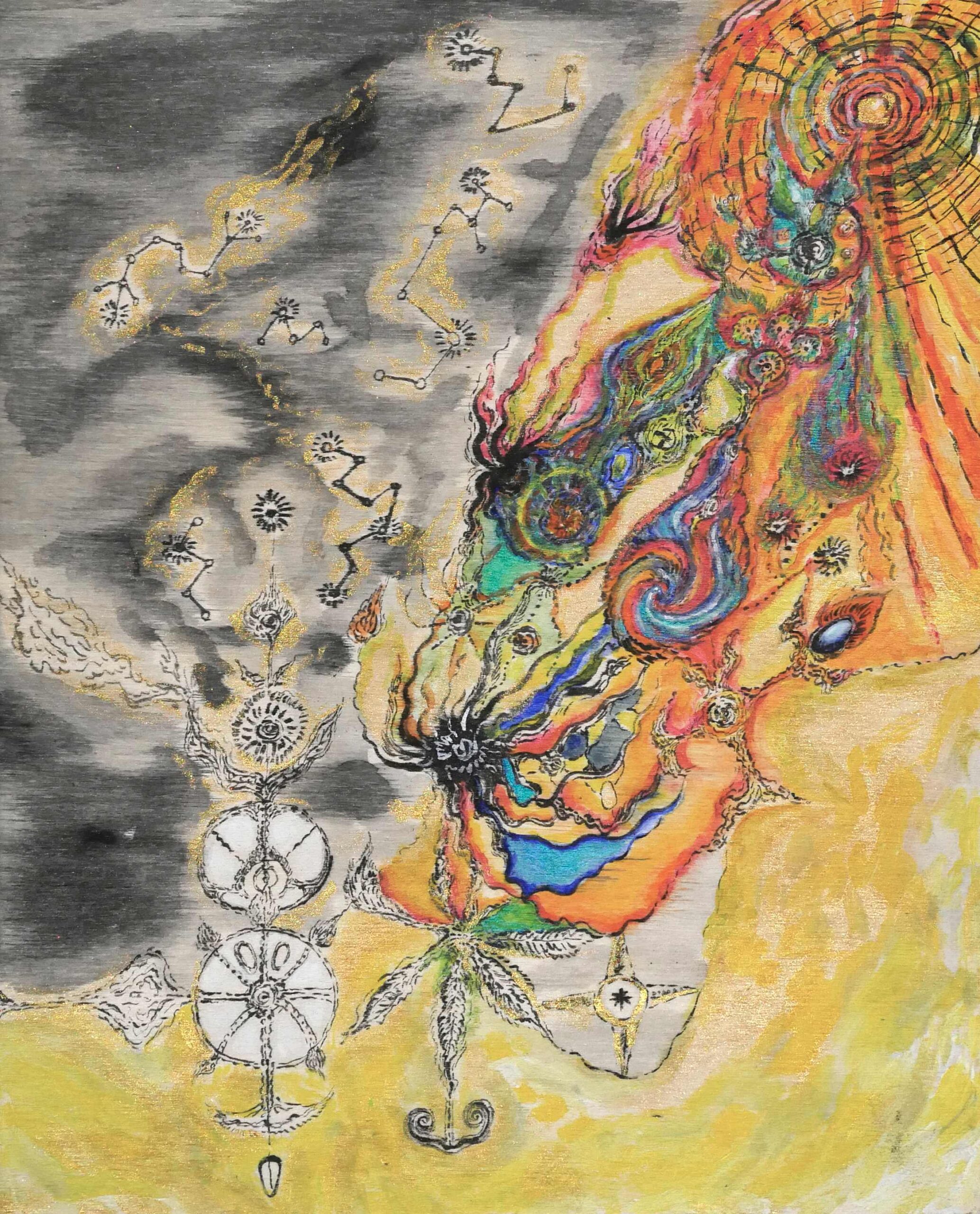 Orange Li, Inner Cosmogony, 2023, acrylic, ink, and gold glitter on wood