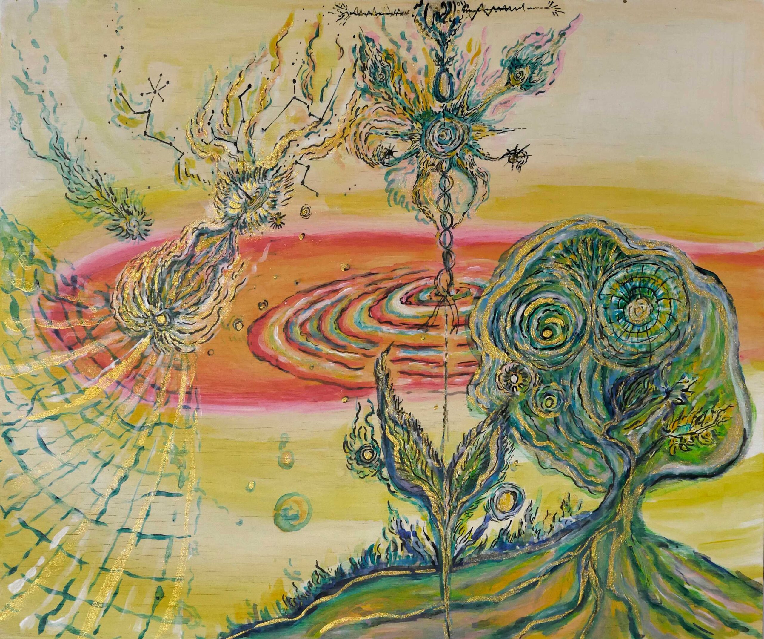 Orange Li, Nexus, 2023, acrylic, ink, and gold glitter on wood