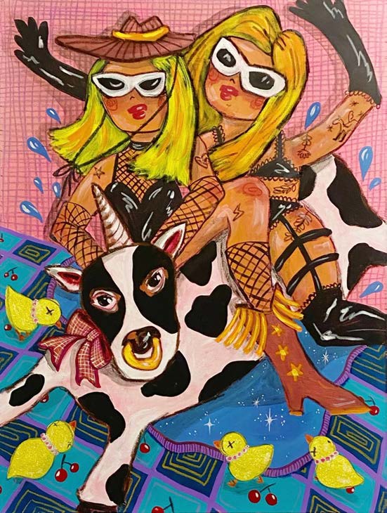 Polin Huang, Chicks and chick, Cow and cowgirl, 2023, oil pastel, acrylic on canvas