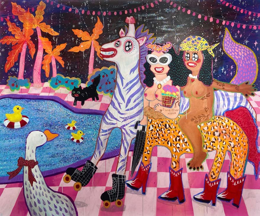 Polin Huang, Dad, I got a mixed girlfriend, 2023, glitter, oil pastel, acrylic on canvas