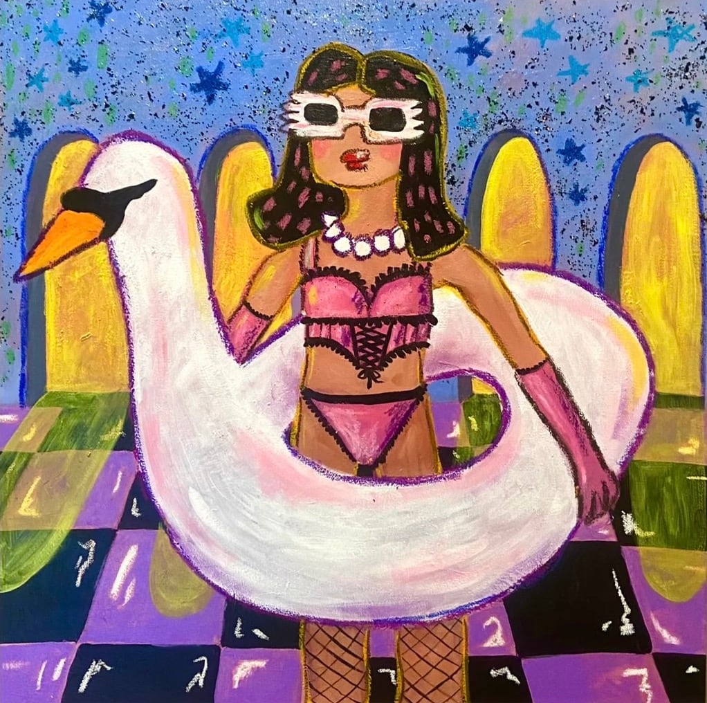 Polin Huang, Swan goddess, 2023, acrylic, oil pastel on canvas