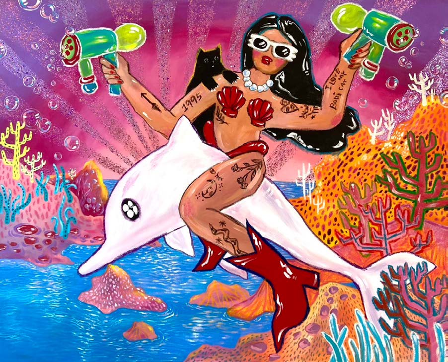 Polin Huang, West Coast Warrior, 2023, oil pastel and acrylic on canvas