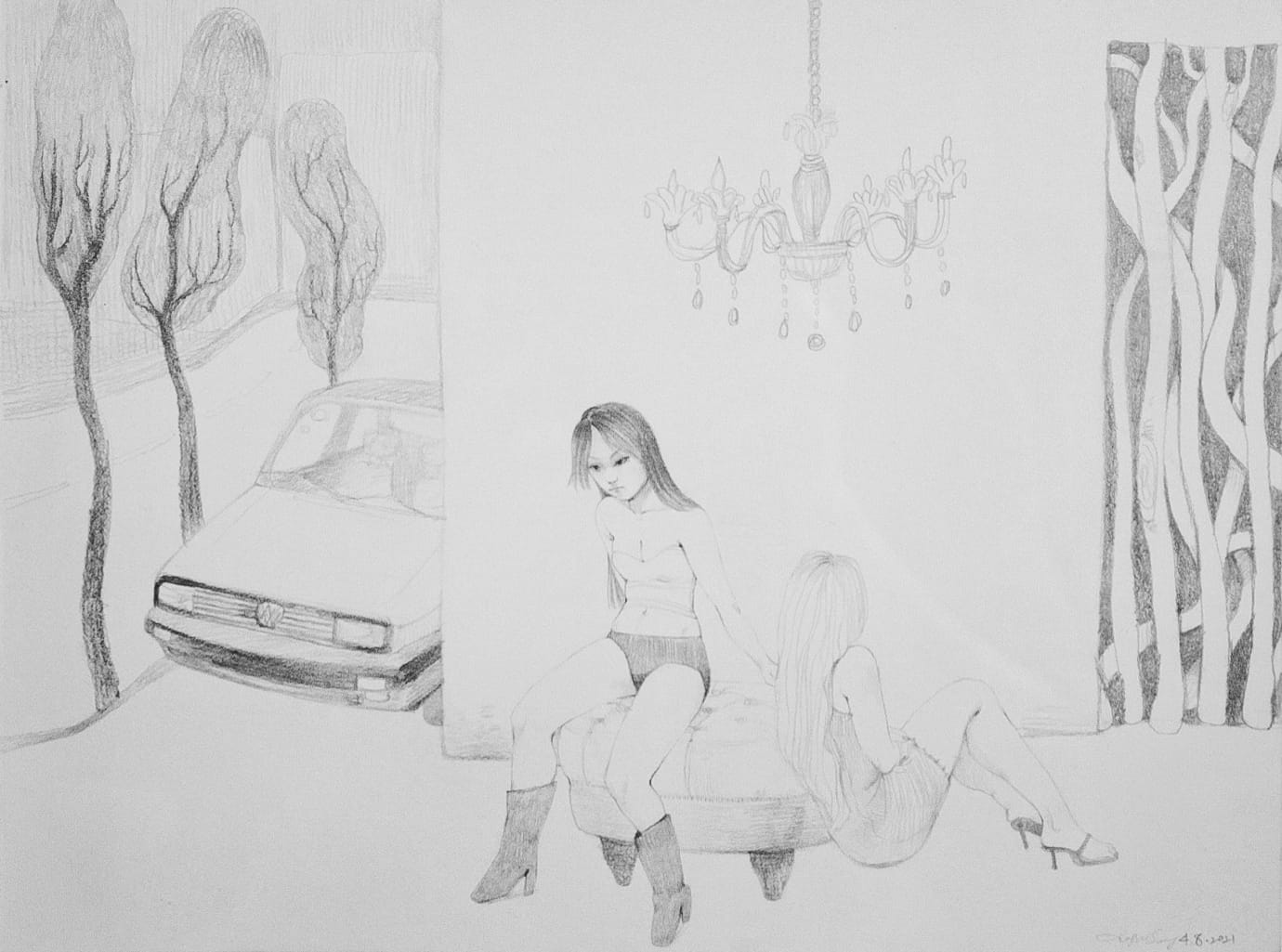 Xiangni Song, Midnight Party, 2021, pencil drawing on paper