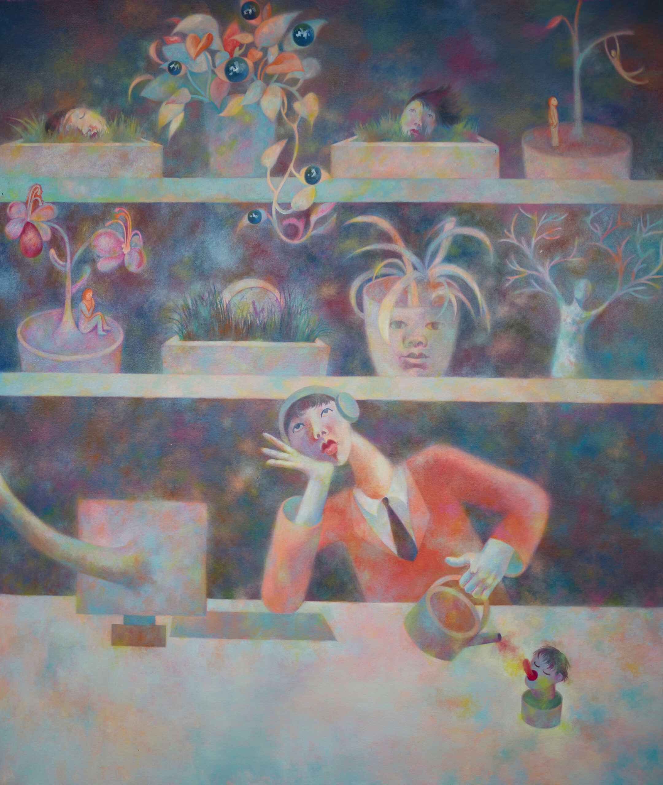 Xinyu Wo, The Irresponsible Internship At the Memory Store, 2023, oil on canvas