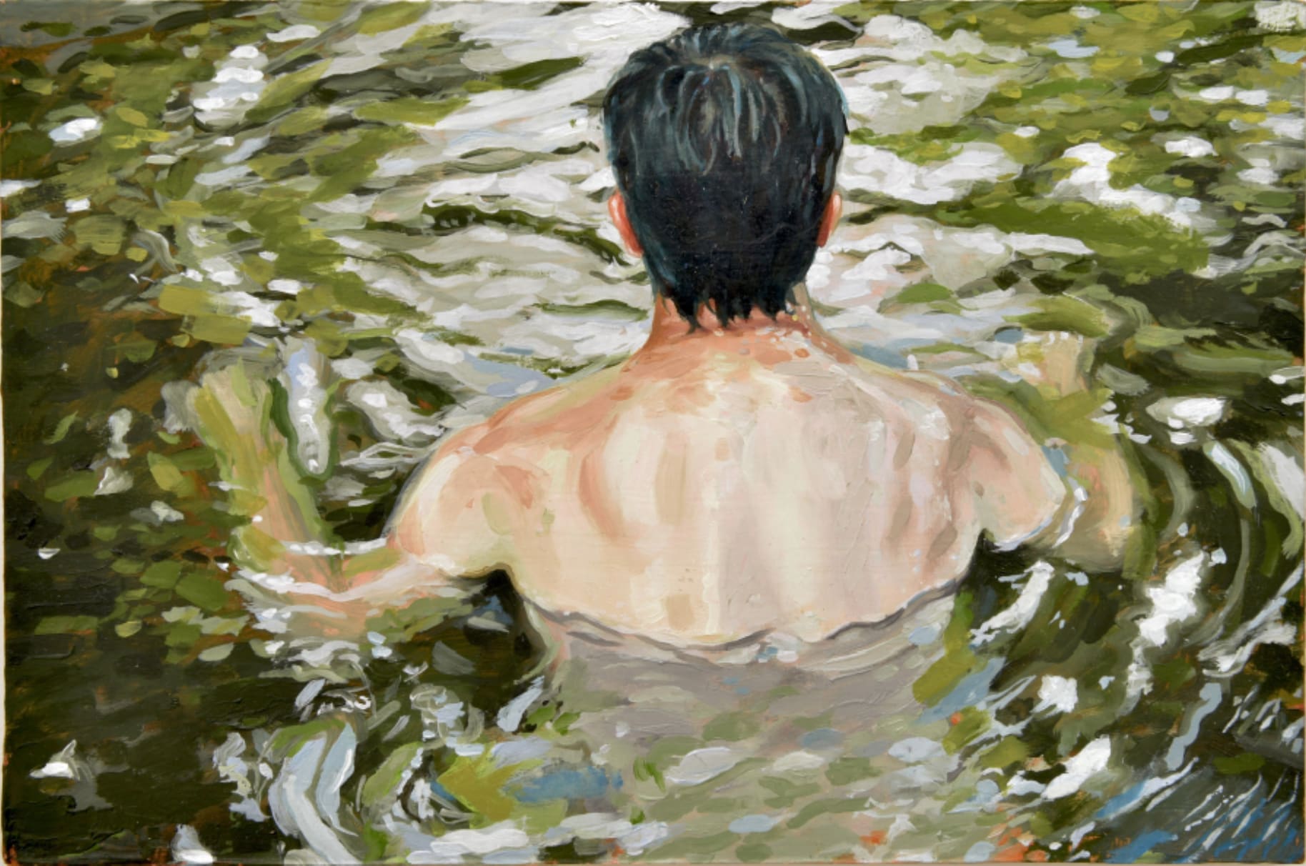 Justin Natividad, Clark wading, 2022, oil on wood panel