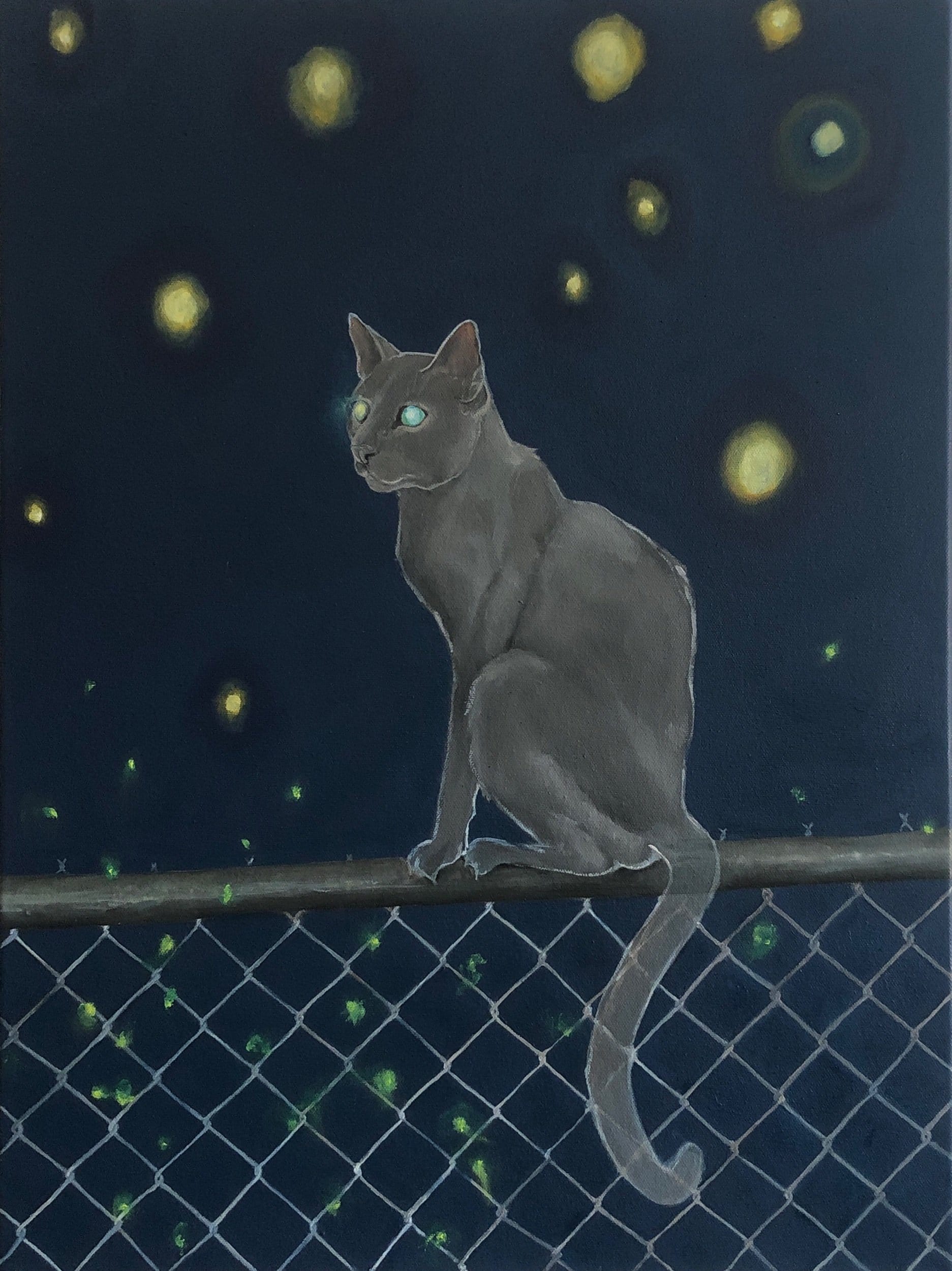 Kate Finneran, Ghost cat on fence, 2022, oil on canvas