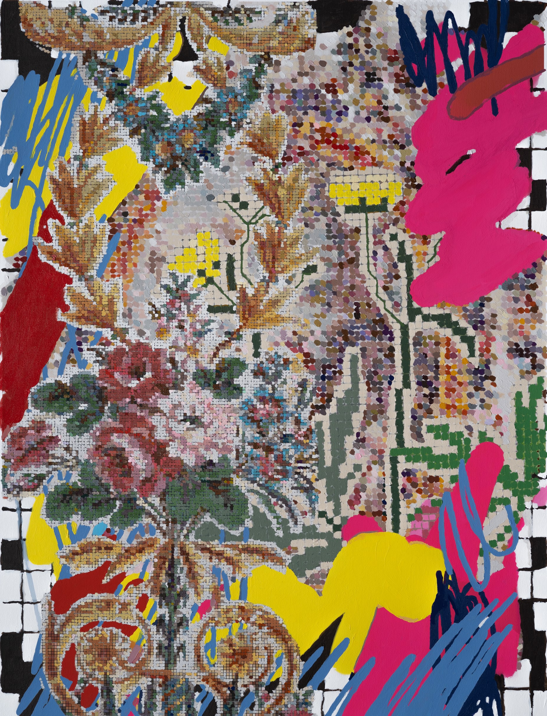Kirstin Lamb, French Wallpaper Pink Scribble Remix, 2022, acrylic and acrylic gouache on printed canvas