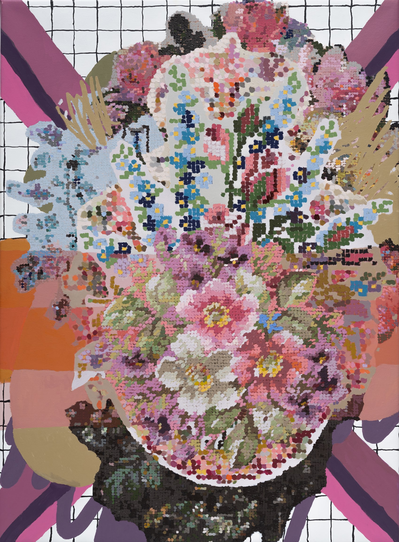 Kirstin Lamb, Remix with Chair Cushion Pattern and Big X, 2021, acrylic and acrylic gouache on printed canvas